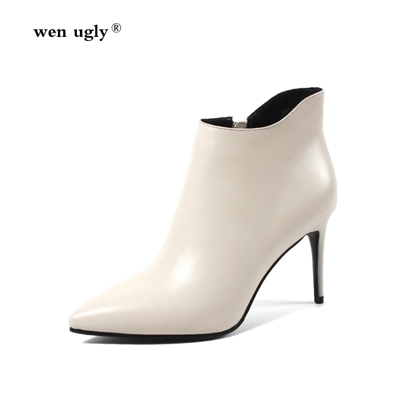 

wenugly Leather ladies ankle boots sexy winter boots 2018 autumn women's shoes zipper pointed high-heeled boots large size 35-43