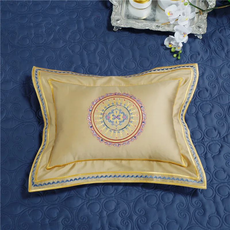Waliicorners Blue Luxury Royal Bedding set King Queen size Bed set Embroidery Satin Jacquard duvet cover bed/flat sheet set bed cover set 20 N42A9815