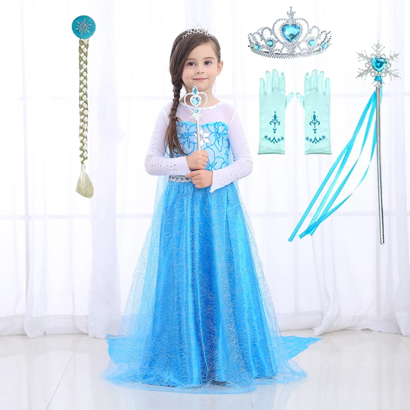 

5pcs Snow Queen Princess Elsa Costumes Birthday Dress Up for Little Girls with Crown/Mace/Gloves Accessories Halloween Cosplay