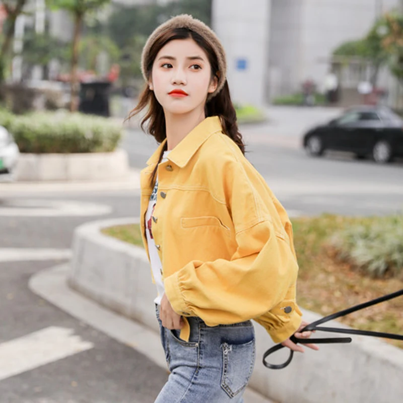 Crop Jacket Women Long Sleeve Denim Bomber Jackets Cause Loose Single Breasted Jean Jackets Female Red Yellow White Coats Jacket
