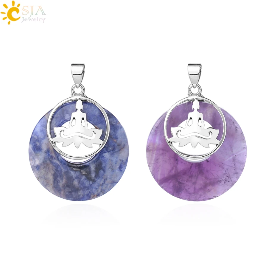 

CSJA Chakras Yoga Round Pendants for Necklace Natural Stone Tiger Eye White Pink Crystal Quartz Lapis Lazuli Reiki Jewelry F850