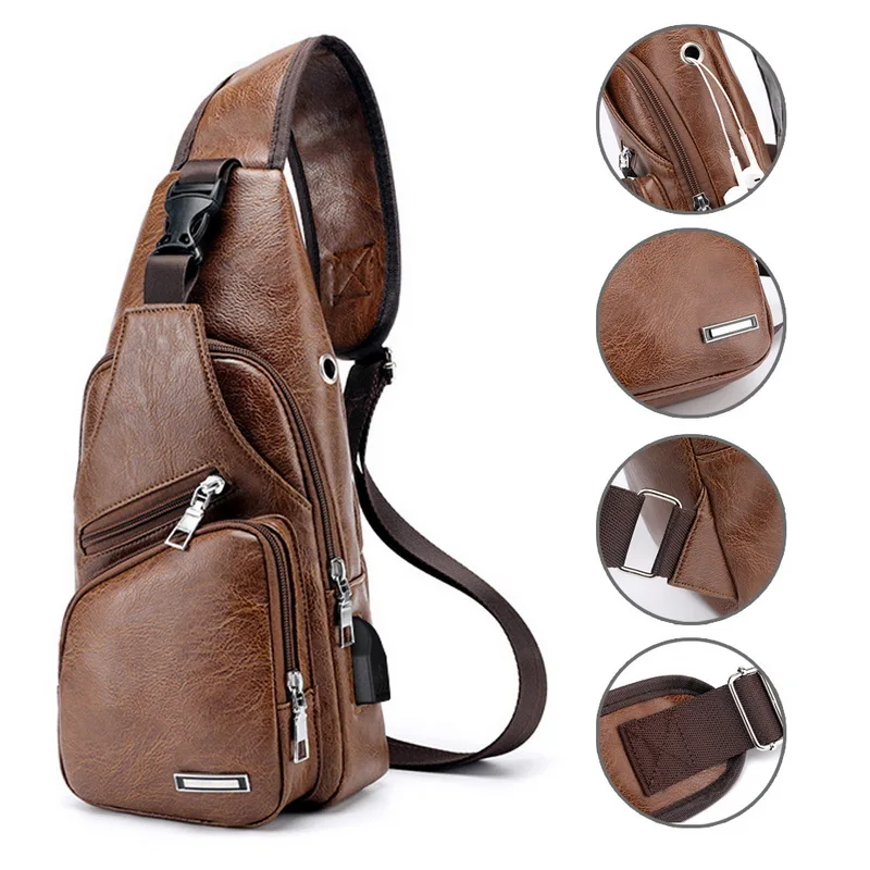 MoneRffi нагрудная сумка мужская кожаная нагрудная USB Задняя сумка с отверстием для наушников органайзер для путешествий Мужская поясная сумка