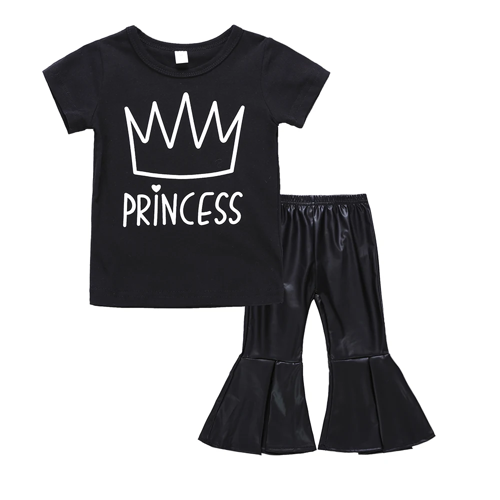 Комплект детской одежды, комплект одежды для девочек, футболка принцессы штаны из искусственной кожи одежда для маленьких девочек модная летняя одежда для маленьких девочек