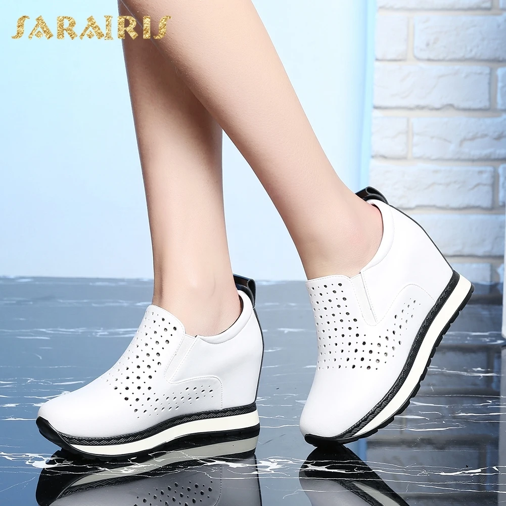 

SARAIRIS 2018 plus size 32-40 Cow Leather New Fashion Platform Vulcanize Shoes Woman Increasing Heels Solid Woman Shoes