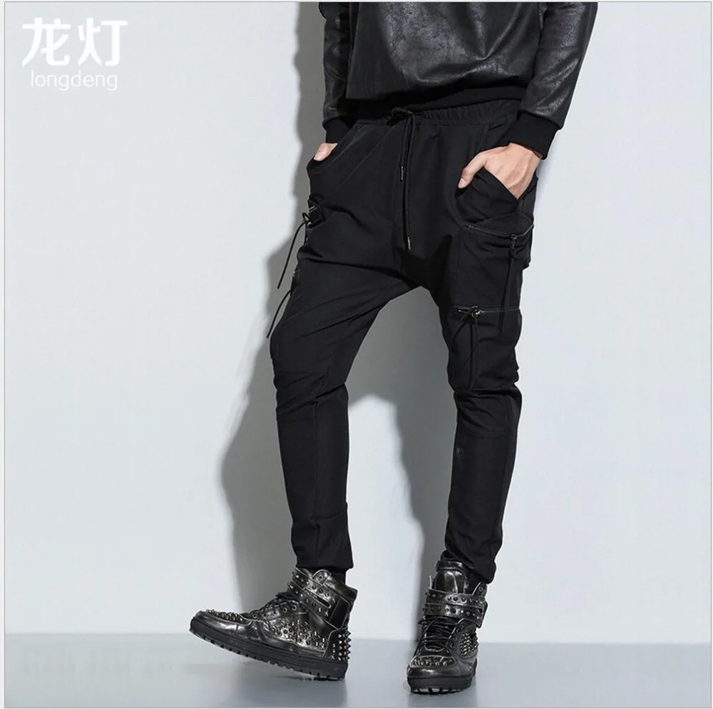 HOT New 2016 Spring Men's Slim casual pants harem pants zipper pockets trousers straight cross pants tide singer costumes