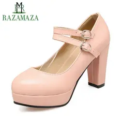 RAZAMAZA Размеры 32–43 Для женщин На высоких толстых каблуках обувь на выход Для женщин туфли-лодочки на платформе, с ремешком на щиколотке