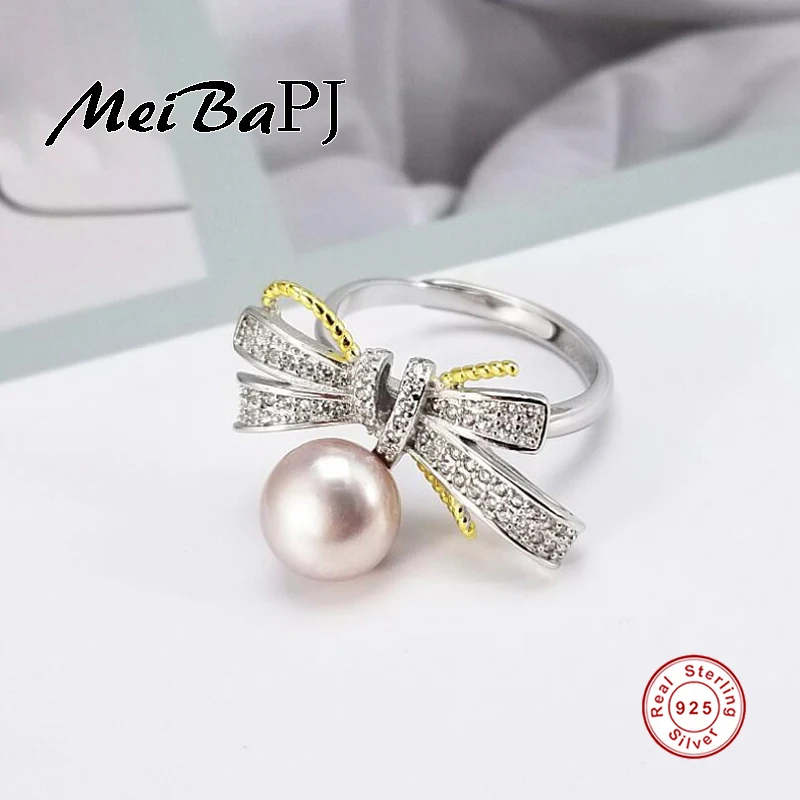 

[MeiBaPJ] Simple Fashion 925 Sterling Silver Personality Bowknot Ring Freshwater Pearl Ring for Women Fine Jewelry Gift Box