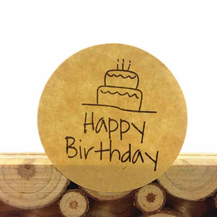 500Pcs/lot New Happy Birthday Cake DIY Kraft Sealing Sticker Round ...