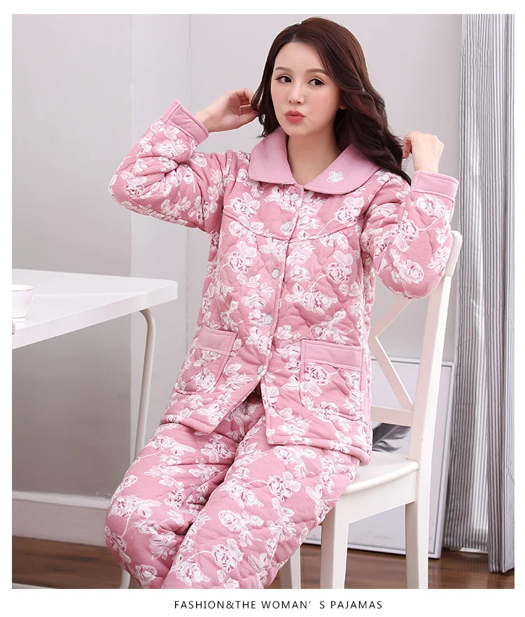 Новейшая Зимняя Толстая теплая Женская Сережка с длинными рукавами, хлопковый пижамный комплект с отложным воротником, свободный, большой размер, Женская домашняя одежда, пижамы