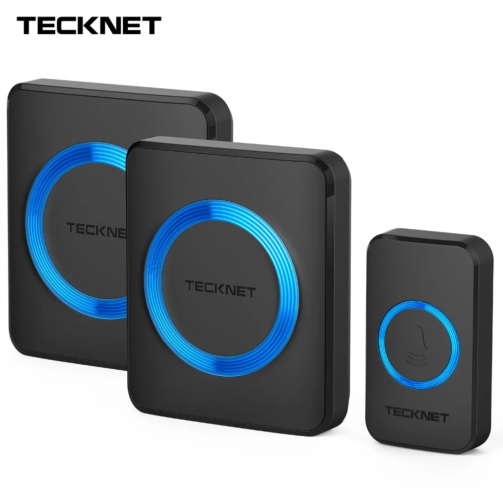 TeckNet Wireless Doorbells Twin Waterproof Wall Plug-in Cordless Door Bell Chime 300M Range 52 Chimes 4-Level Volume Blue Light TeckNet Wireless Doorbells Twin Waterproof Wall Plug-in Cordless Door Bell Chime 300M Range 52 Chimes 4-Level Volume Blue Light