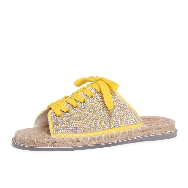 

2019 summer new style simple and simple retro style hemp rope soles drag women comfortable rhinestone decorative slippers