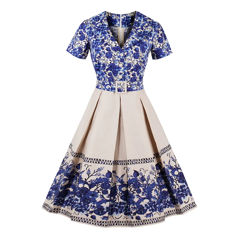 

Blue And White Porcelain Print Autumn Dress Women 2018 Short Sleeve 50s Vintage Dress Belt Tunic Elegent Party Dresses Vestidos