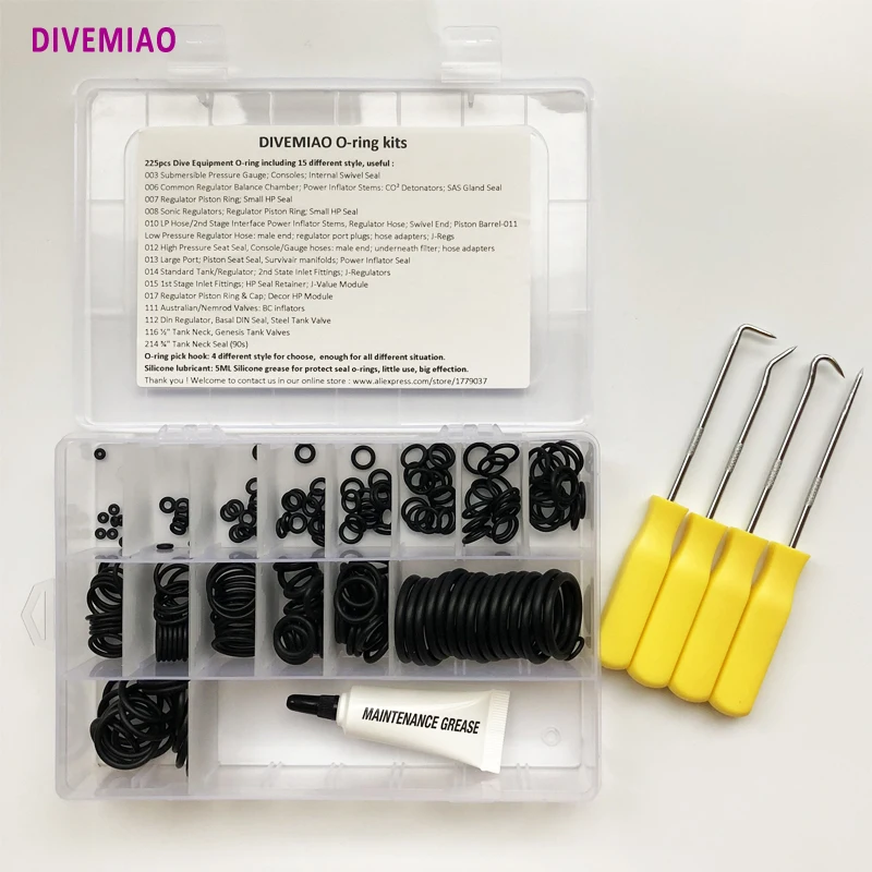 

SCUBA dive O-Ring kit tool box 15 different NBR70 o-ring+ 4pcs SS pick tool + 5gr silicone grease for BCD regulator hoses tank