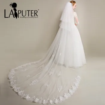 

White/Ivory Beautiful Cathedral Length Applique Lace Edge Bridal Wedding Veils With Comb 3 Layers Long Bridal Veil Voile Mariage