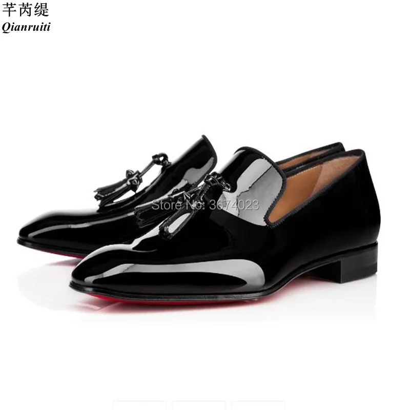 

Qianruiti Fashion Men's Tassel Loafers Black Leather Flat Shoes Slip-on Fringe Shoes Wedding Party Shoes Men Top Quality