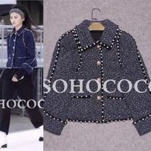 Высокое качество Женский наряд элегантный кашемировый бисер синяя куртка модное короткое пальто с длинным рукавом с широкой талией