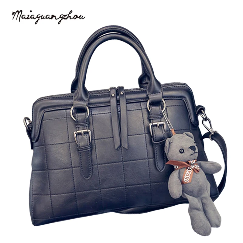 Maia New Arrival Women Totes With Little Bear Ling Plaid Women Bags 2017 Fashion High Quality PU Leather Crossbody Female Bag