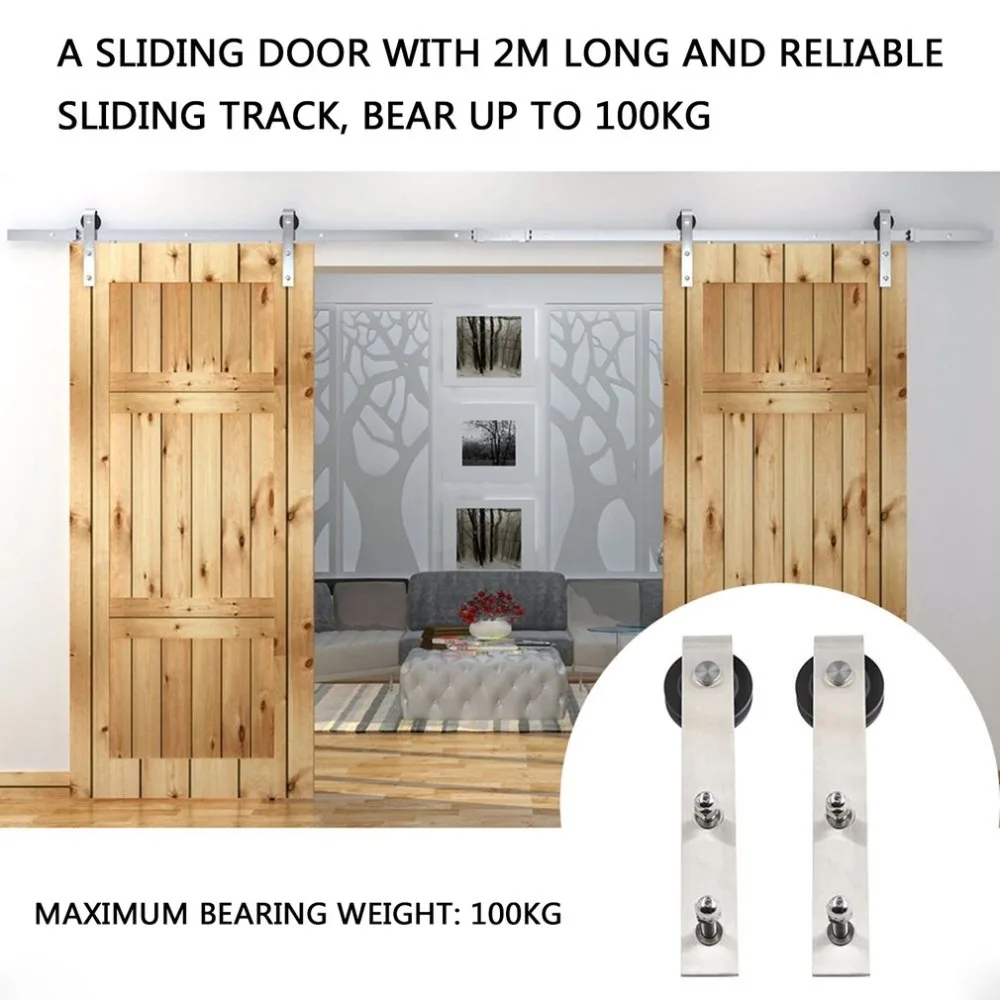 

1.83M Modern Stainless Steel Sliding Barn Wood Door Track Rail Set Track Household Rail Set Space-Saving Flat Rail Wheel Kit