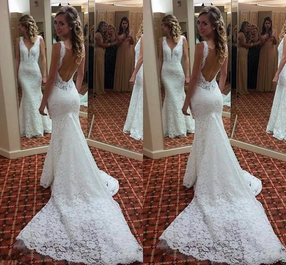 

Vintage Sexy Lace Wedding Dress Mermaid V Neck Backless Beach Bridal Gowns court train Wedding gown Vestido De Novia