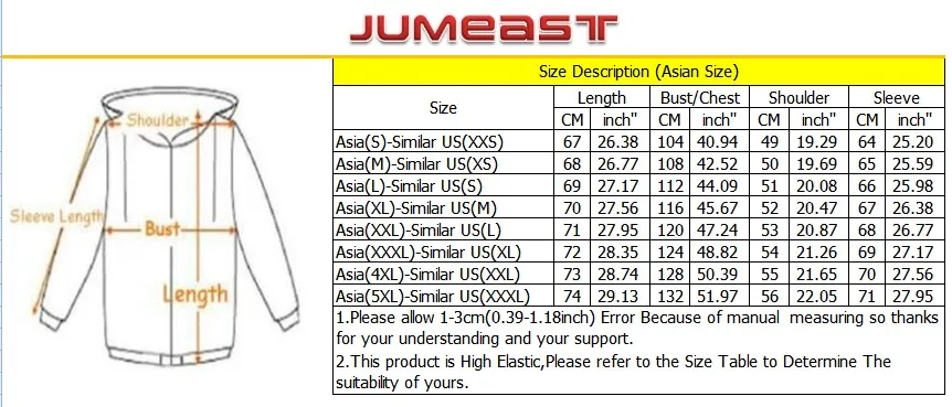 Zipper Hoodies Size Chart