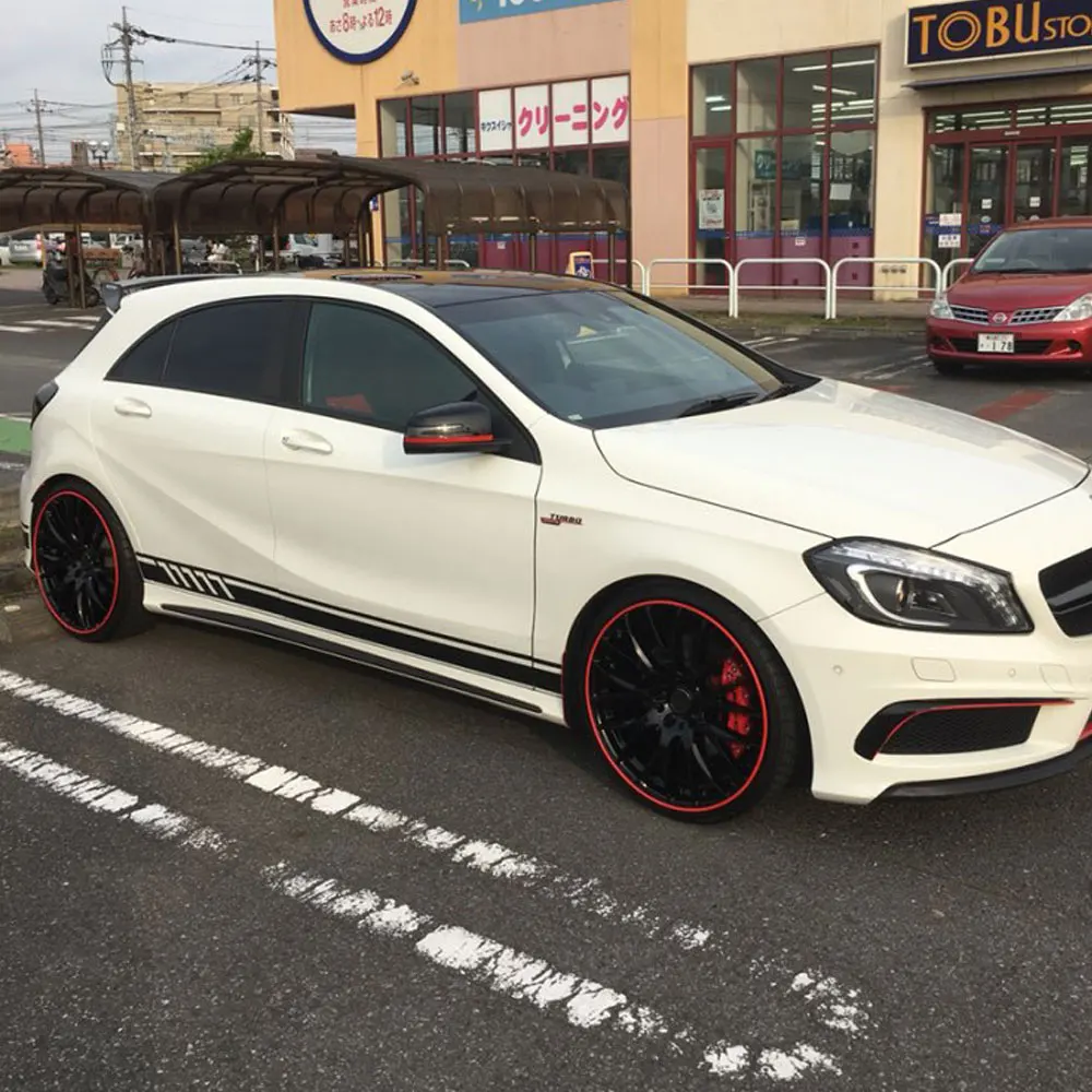 Gloss-Black-Side-Stripes-Skirt-Decals-Sticker-220cm-x-11-5cm-for-Mercedes-Benz-A-Class