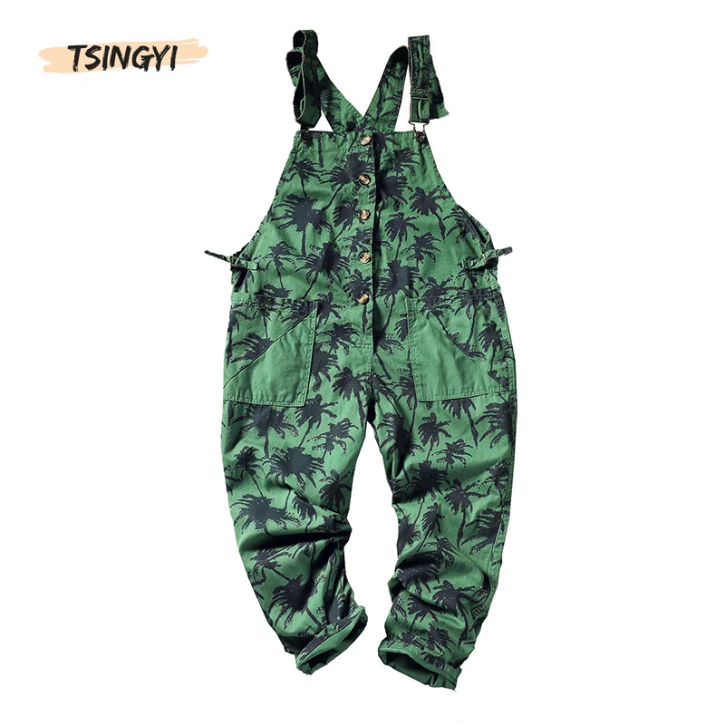 

Tsingyi Print Leaves Washed Women/Men Joggers Bib Pants Casual Comfortable Cargo Overalls Blue Green sarouel homme Men's Pants