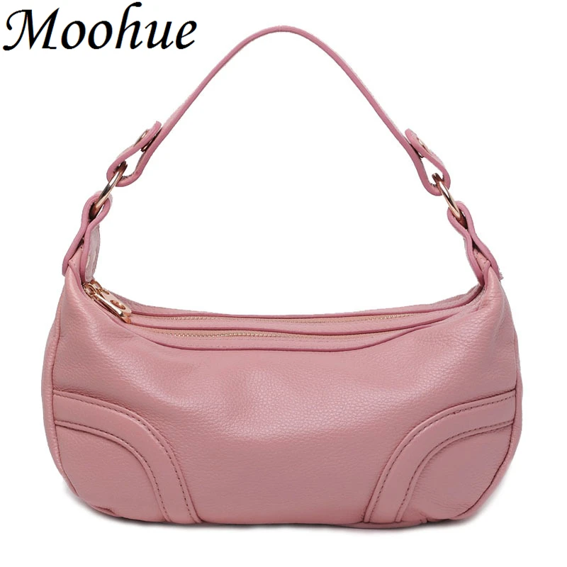 New Double Zipper Cow Leather Hobos Women Handbags Detachable Shoulder