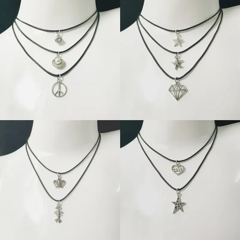 

2019 Fashion Statement Necklaces Vintage Silver Plated Pendant Necklace Gothic Black Leather Choker Necklace For Women Gift
