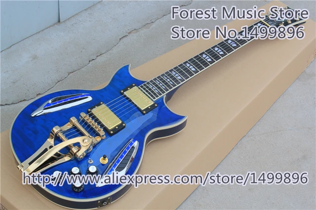 Best price at $456 Cheap New Arrival Chinese Glossy Blue Quilted Finish ES 335 Electric Guitar With LED Light As Picture