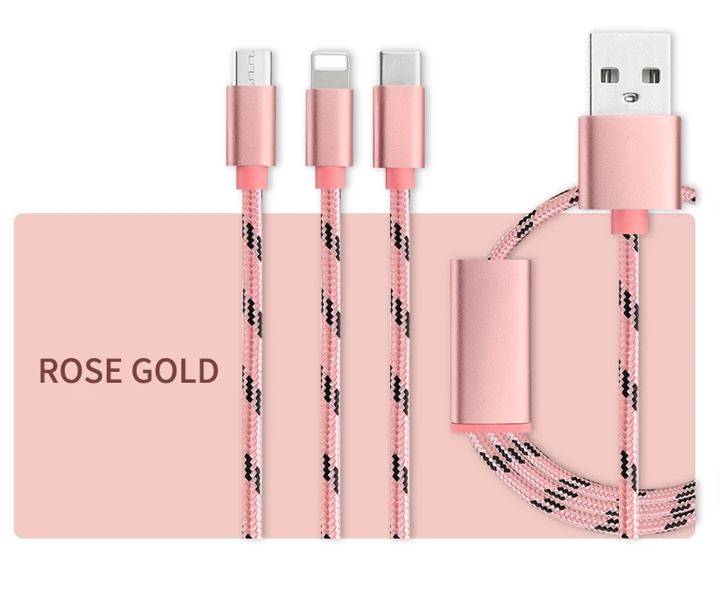 3 в 1 USB кабель 2 в 1 Тип C 8 Pin кабель зарядного устройства микро-usb для iPhone X samsung S9 S8 huawei P20 3A USB-C Android телефонные кабели - Цвет: Rose Gold