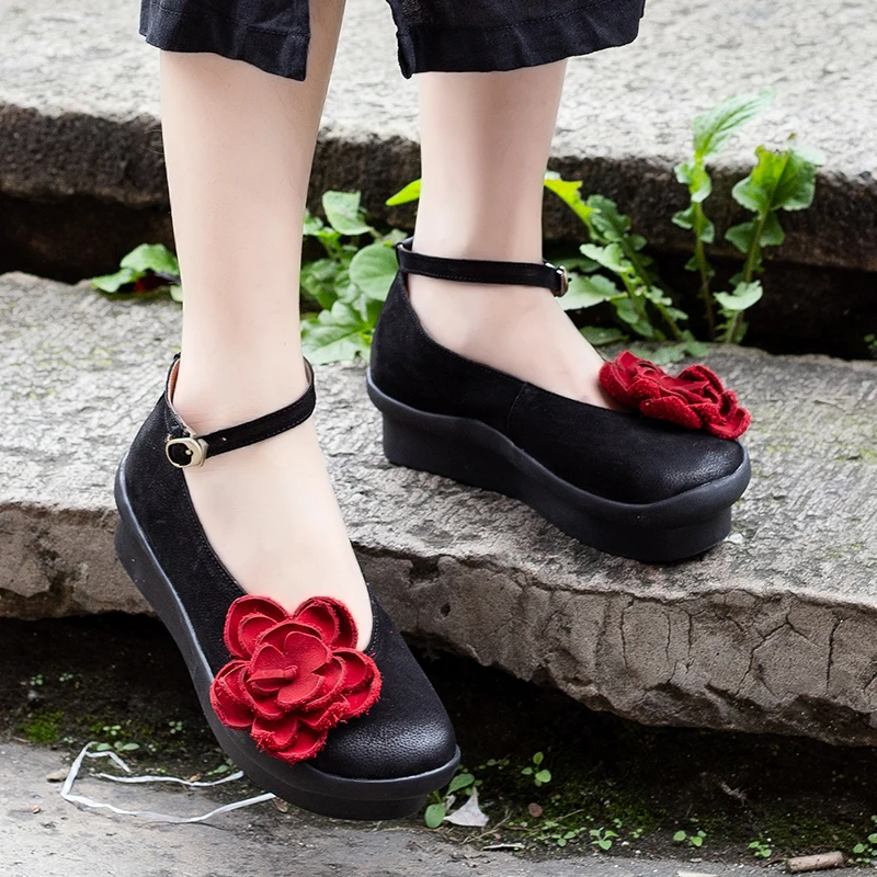 

Handmade Big Flower Shoes Woman Latest Ankle Strap Lady Flat Shoes High Platform Genuine Leather Casual Female Buckle Shoes