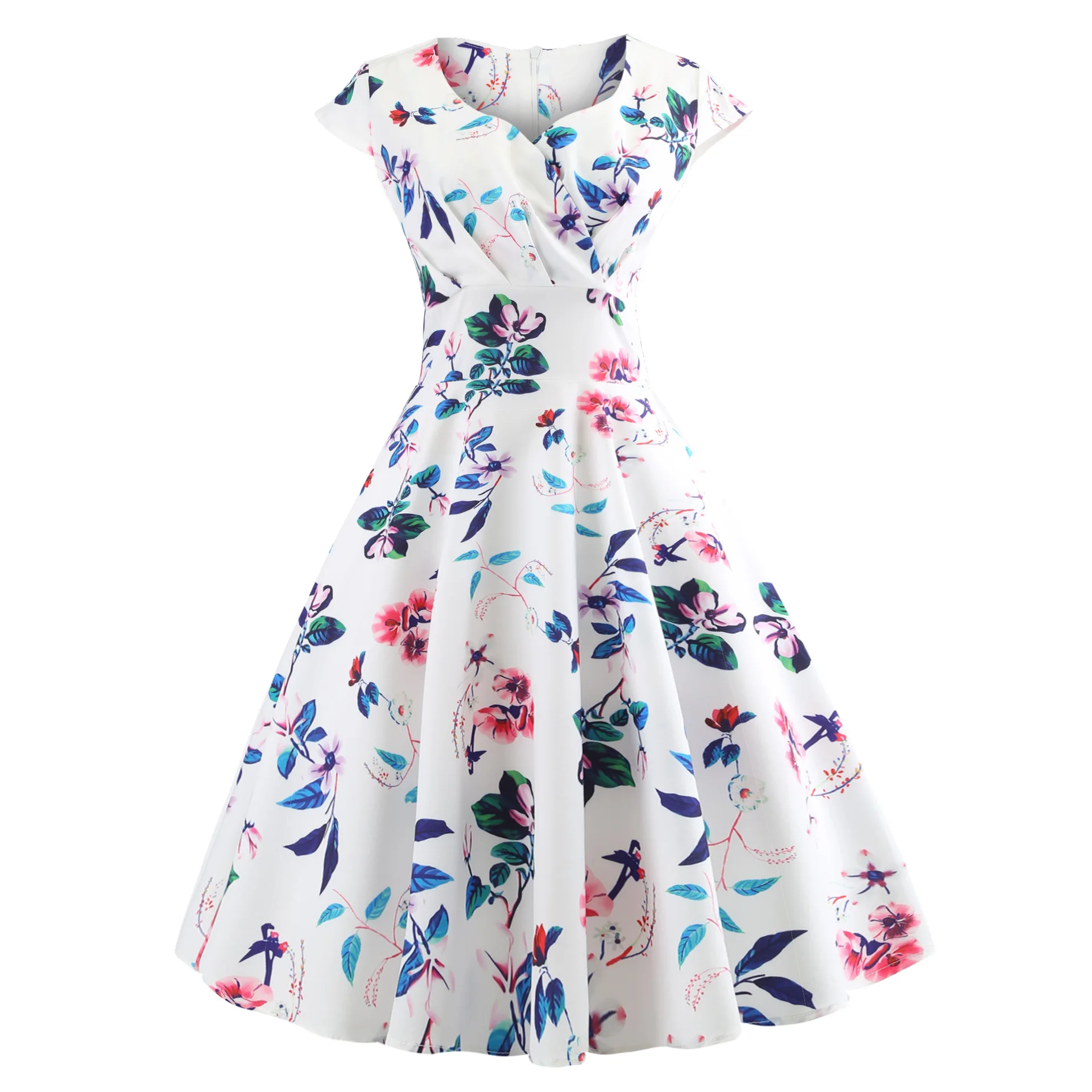 

Casual Party Hepburn 50s 60s Vintage Short Dresses Summer V-Neck Sexy Tank Plus Size Fashion Women 2019 Flower Print Dress Print