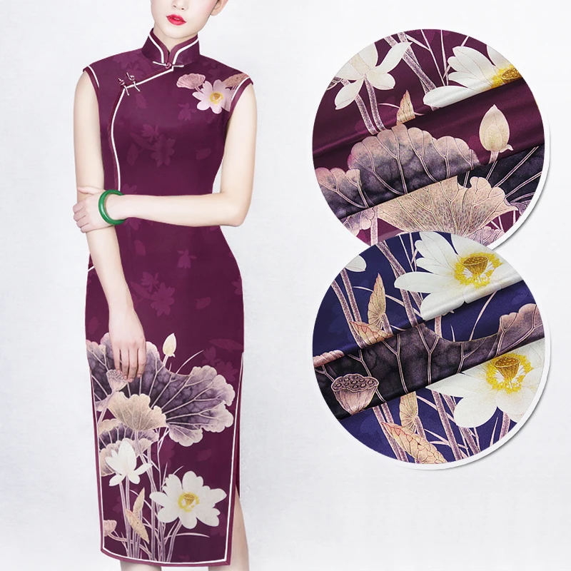 

128cmx118cm Large Lotus Floral Print Red/Blue Stretch Silk Fabric