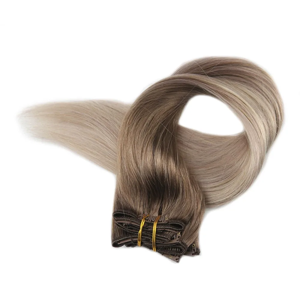 Блестящие накладные волосы на заколках с эффектом омбре, человеческие волосы, машинка для наращивания, Remy Balayage, цвет#8, выцветание до 60, 18, пепельный блонд, 10 шт
