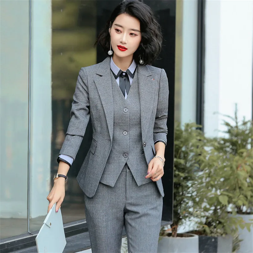 Autumn New gray Business interview women pants suits work office lady long sleeve slim Formal blazer and pants set plus size