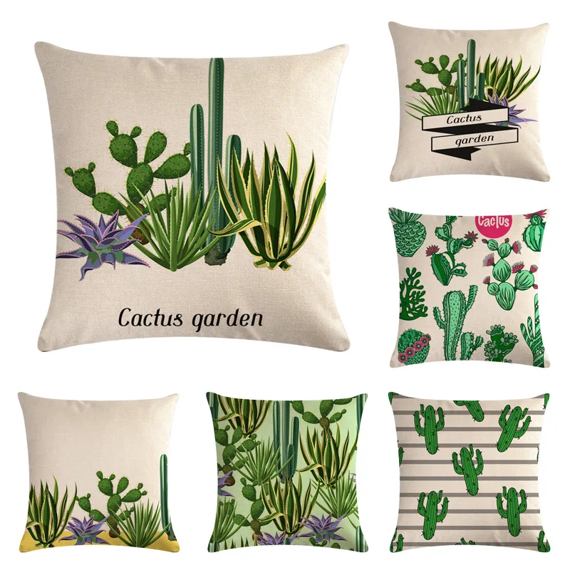 

45*45cm Cartoon Cactus Cushion Cover Cotton Linen Succulent Plants Green Letters Home Decorative Geometric Pillow Cover for Sofa