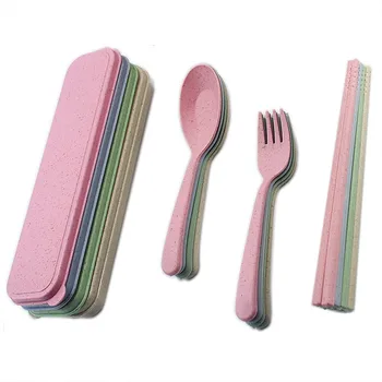 

100Set/lot Reusable Spoon Fork Travel Chopsticks Wheat Straw Tableware Cutlery Tableware chopsticks fork spoon three piece
