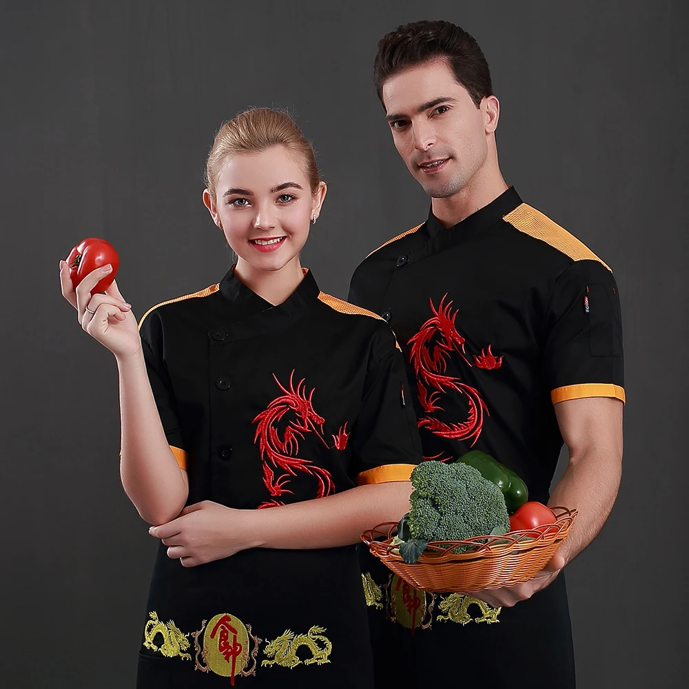 Мужская и женская униформа с короткими рукавами для повара с вышивкой дракона, одежда для работы на кухне, куртка для шеф-повара, фартук, костюм для суши, Поварская рубашка