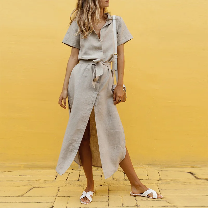 

Summer Bandage Shirt Dress for Women 2019 Solid Short Sleeve High Waist Split Maxi Dresses Vintage Button Vestidos Robe Femme