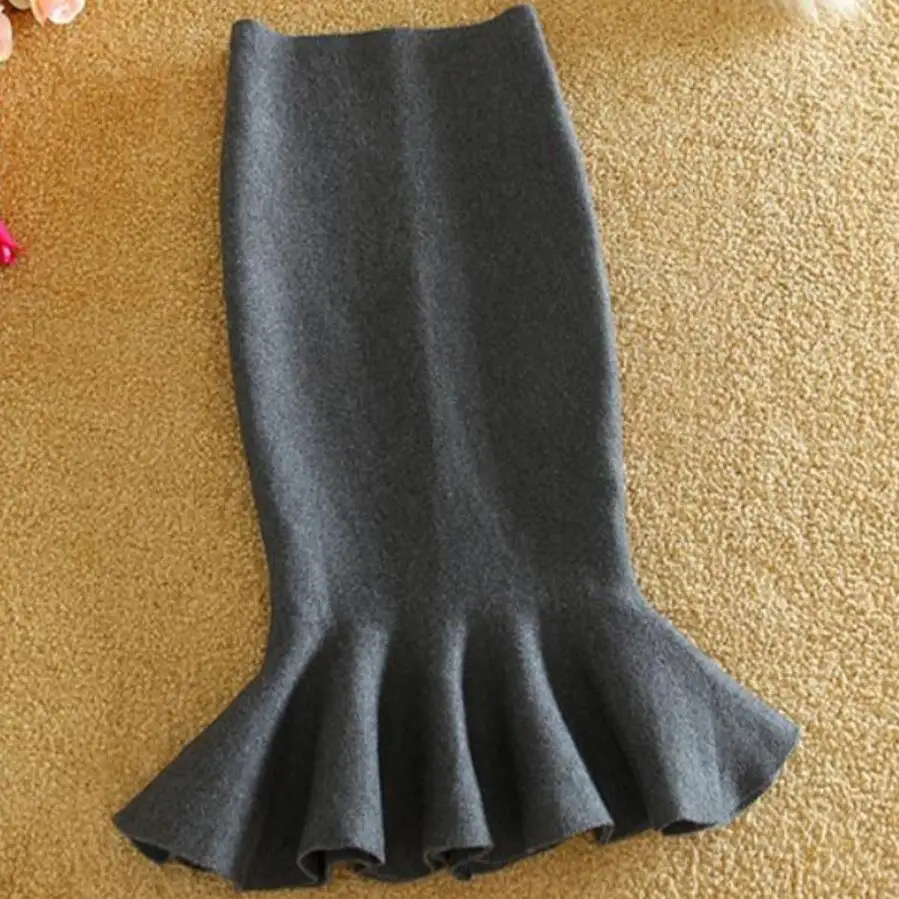 Высокая талия трикотажная юбка рыба-русалка юбка женские тонкие подогнанные юбки воланами пакет бедра юбка весна осень зима - Цвет: gray