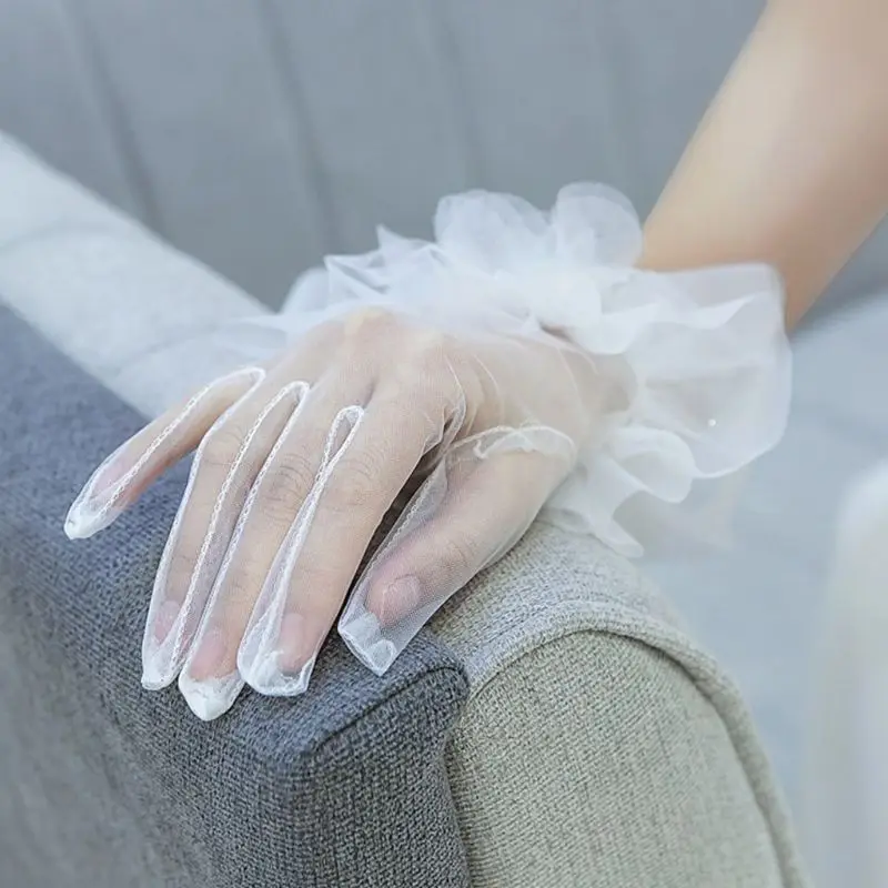 Для женщин Свадебные сетчатые наручные перчатки металлическая проволока белый цветок ручной работы из бисера слоистых оборками полный палец варежки вечерний костюм