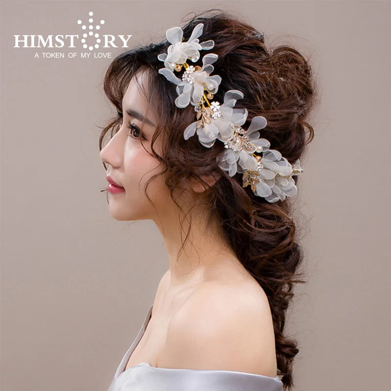 

HIMSTORY New Designs Elegance Bride Wedding Hair Accessories Handmade Exquisite Champagne /White Flower Headdress Acessorios