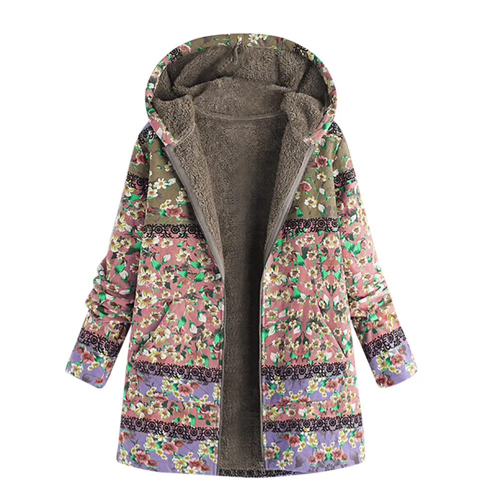 

Plus Size Women Hooded coat Vintage womens Long Sleeve jacket Bohemian style Ladies Fleece Thick Coats Zipper Coat ropa mujer