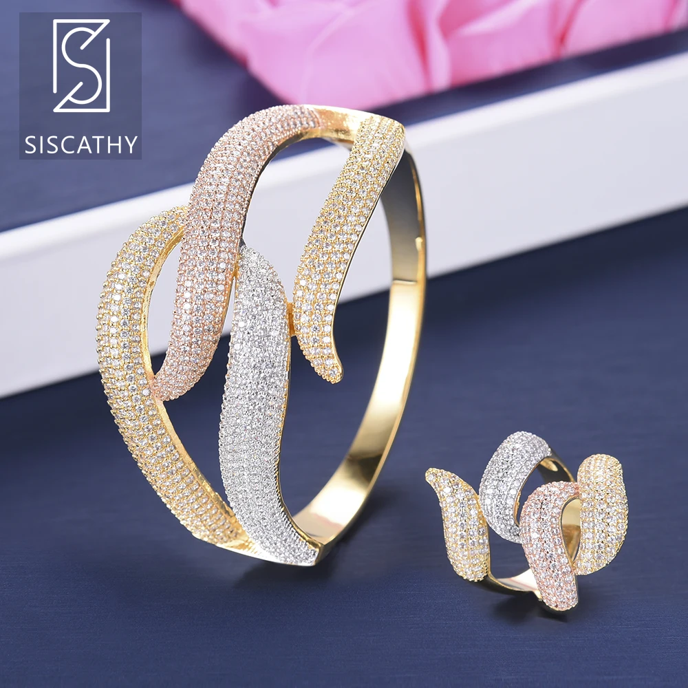 

SISCATHY Fashion Bracelet Ring Set African Wedding Jewelry Sets Cubic Zirconia Inlaid Jewelry acero inoxidable joyeria mujer