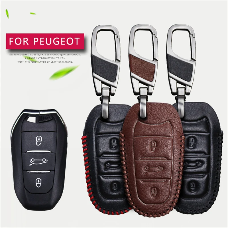 

2017 New Fashion Remote Leather Car Key Case Cover For Peugeot 301 308 408 508 2008 3085 3008 307 206 Key Chain Case Caso Chave