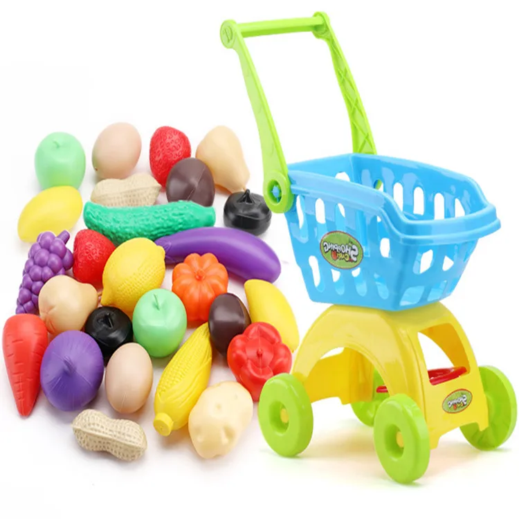 

27PCS Children's Shopping Cart Set with Home Toys Simulated Vegetable and Fruit Supermarket Baby Cart Shopping Cart Trolley Toy