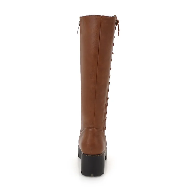 33 black 2018 Talon Beige Bout Med Femmes Chaussures brown attaché Bottes Taille Pour Mode Hiver Égérie Hautes Rond Croix 43 Zipper Nouvelle Carré Platfrom SpVGqMUz