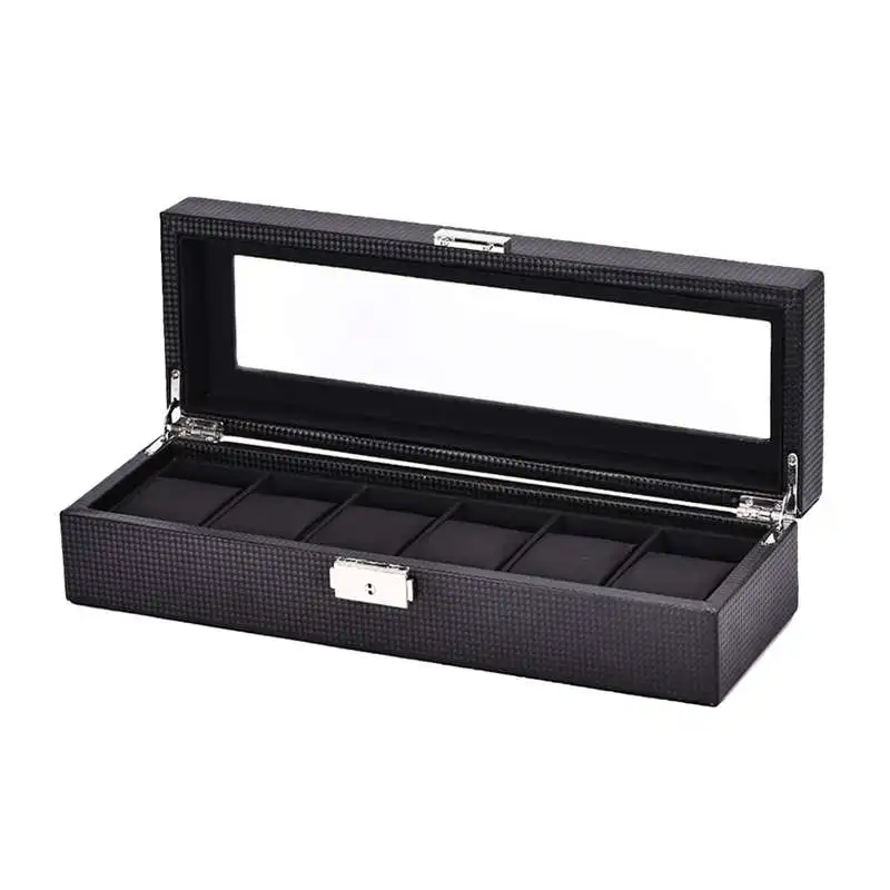 

6 Mesh Pu Carbon Fiber Leather Watch Display Case Jewelry Storage Box