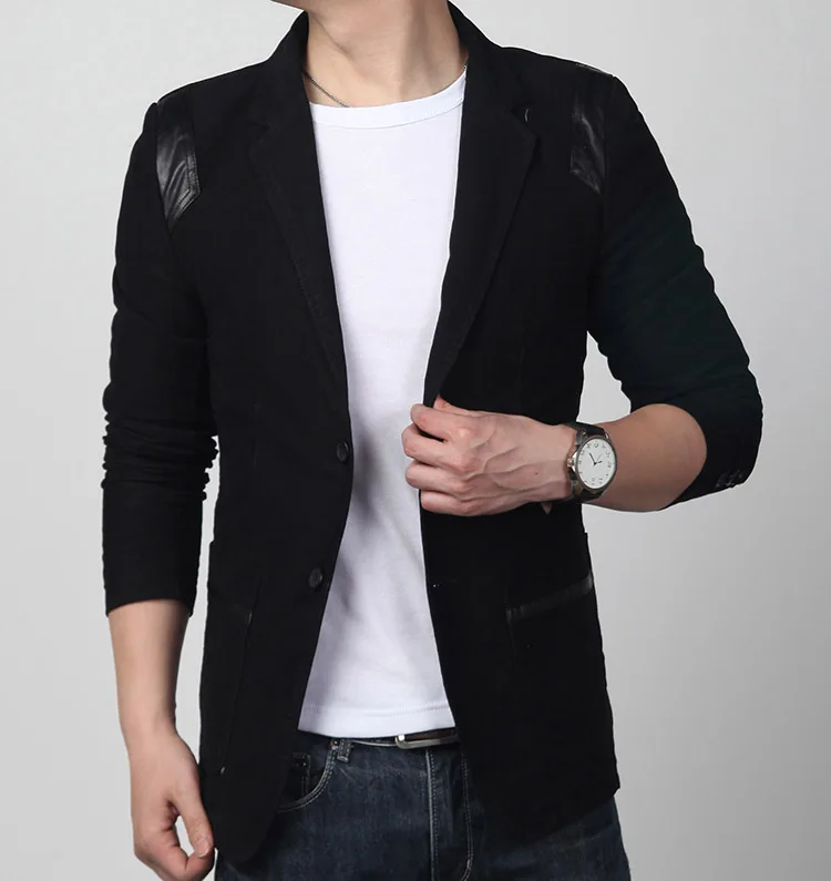 Spring and autumn men's business casual small suit slim body single west men large size coat patchwork leather suit    002