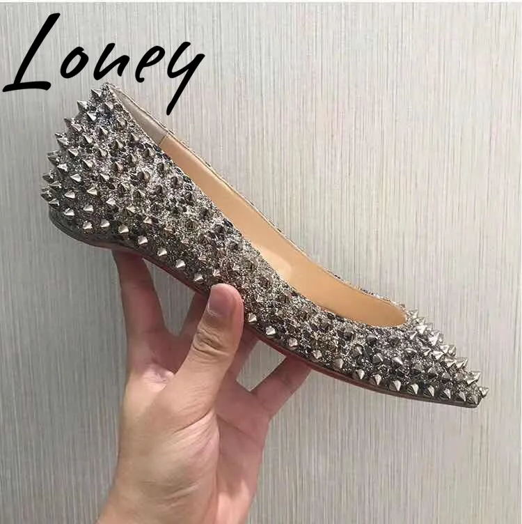 

Loney New Fashion Women Sandals Brand Designer Genuine Leather Spikle Studded Flats Sandals Ladies Shoes Women Wedding Shoes